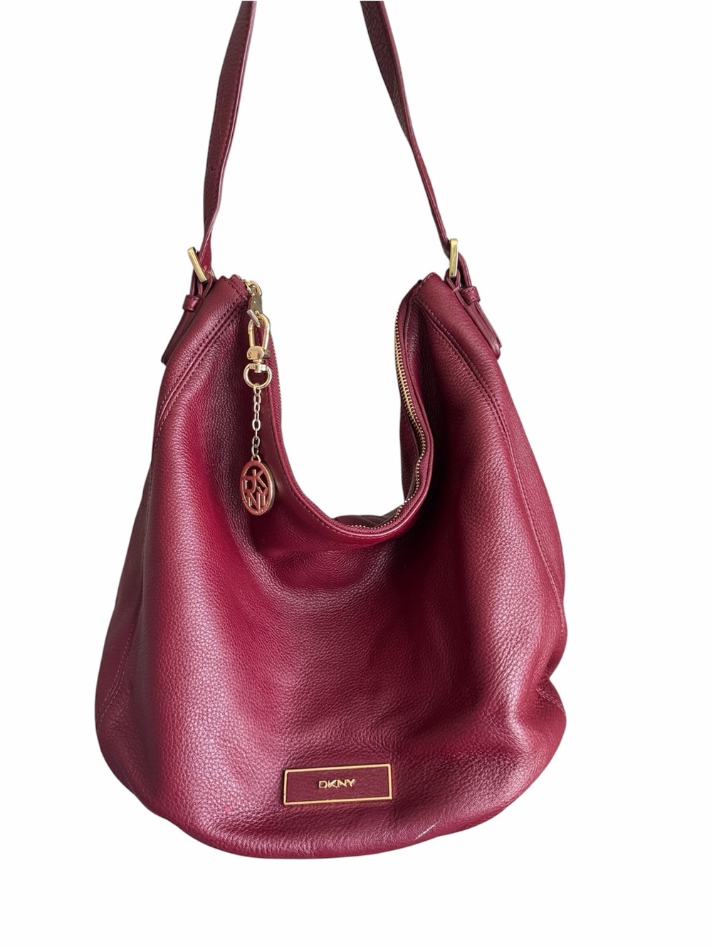 DKNY Burgundy Oxblood Pebbled Genuine Leather Hobo Shoulder Bag Gold Hardware